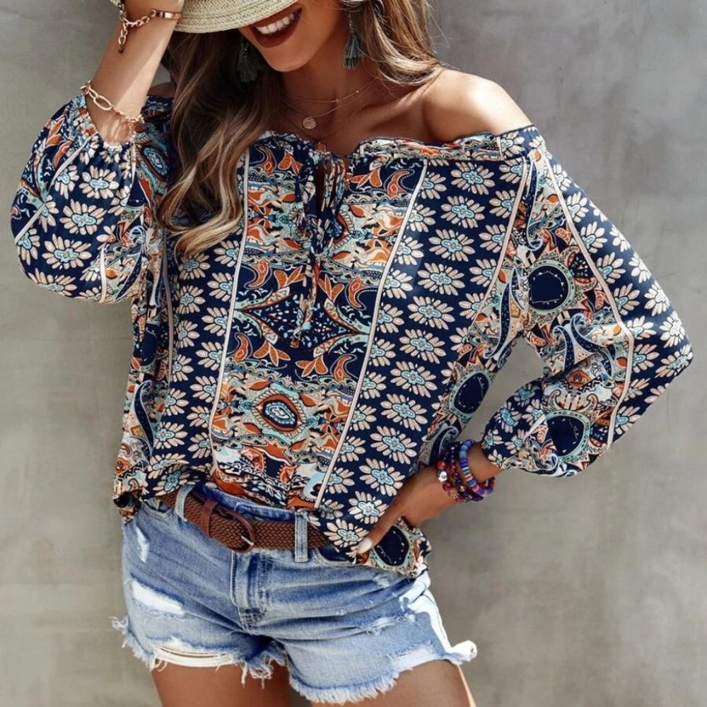 Boho Floral Print Off Shoulder Blouse blue - Picture 1 of 4